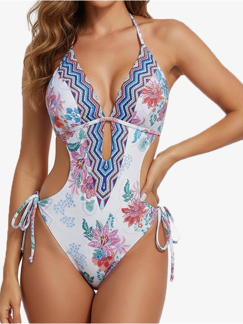 NWT-Floral Print One Piece Swimsuit Halter Plunging Neck Bathing Suits Cut Out
